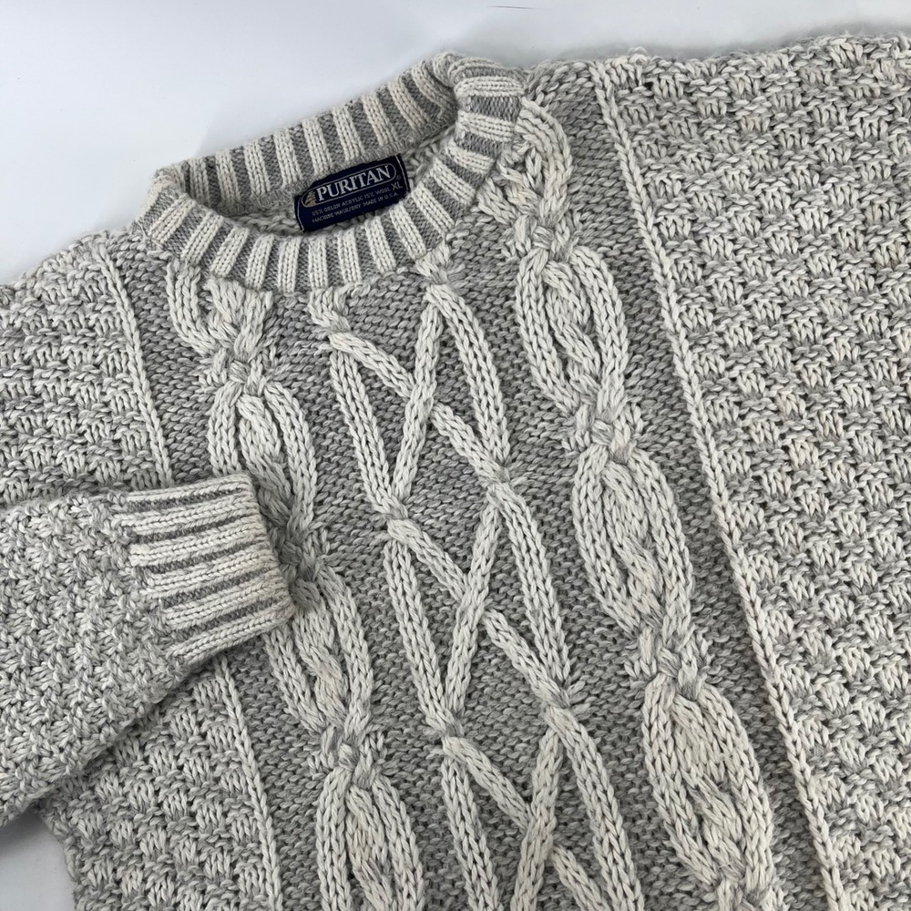 Vintage Puritan Cable Knit Fisherman Sweater USA Men's M Women's XL Oatmeal